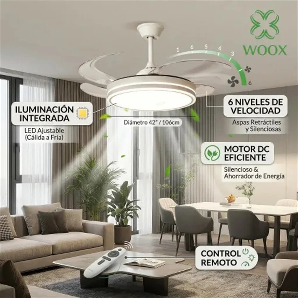 Ventilador de techo WOOX 42 pulgadas Retráctil 80 vatios 6 niveles Control remoto Temporizador Función de memoria Luz 4000K-50W