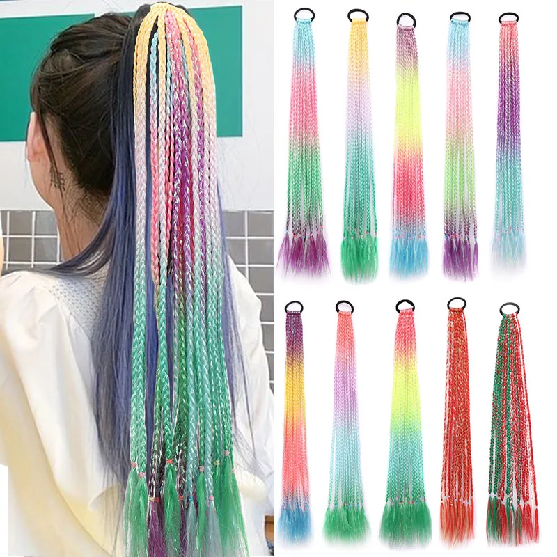 Synthetic Braided Ponytail With Rubber Bands Girls Colored Ponytail Hair Extensions Colorful Wigs Colored Braids Hair Extensions