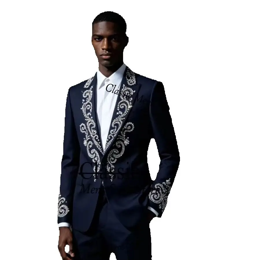 Customized Gem Diamond Men Suit 2 Pieces Set Male Party Blazers Luxury Groom Wedding Tuxedos Slim Sequins Trajes Para Hombre