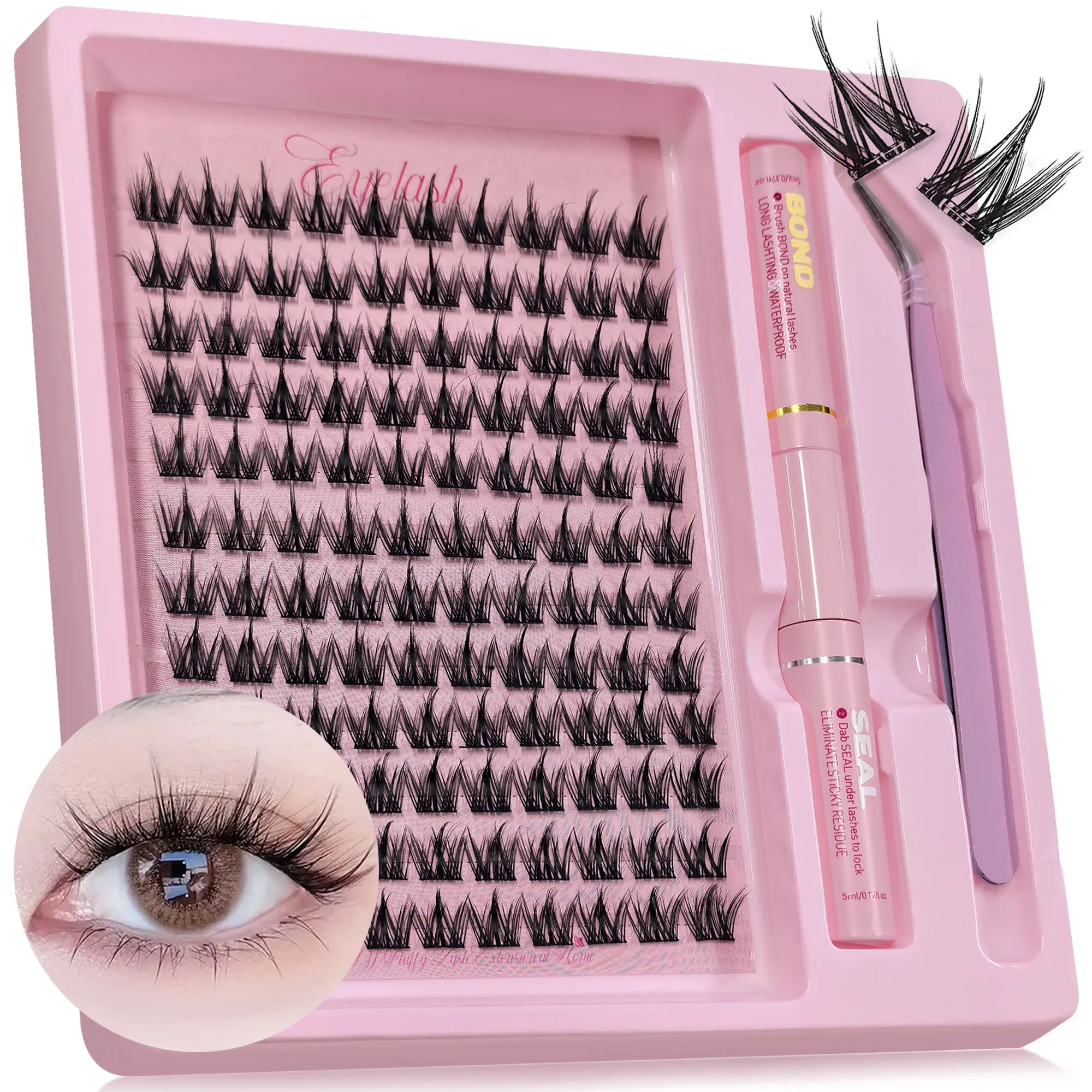 DIYまつげキット、接着剤とピンセット付き、3D犬型まつげ120束、魅力的な大きな目メイク、快適な装着感