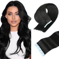 Tape In Hair Extensions Human Hair Invisible Straight Tape Hair Extensions For Women Seamless Skin Weft #1B Natural Black