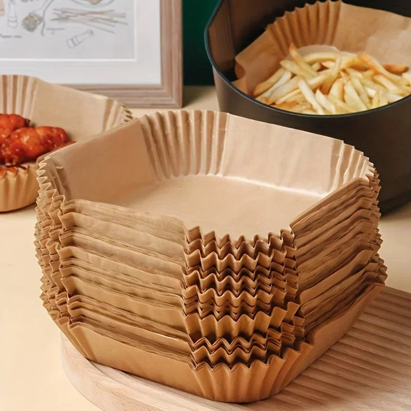 Revêtement en papier jetable pour friteuse à Air, 50 pièces/ensemble, 23CM, résistant à l'huile et à l'eau, plateaux en papier de cuisson jetables, papier de cuisson