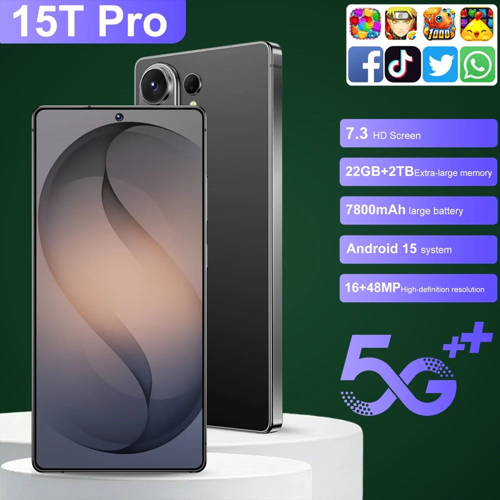 Teléfonos Celulares 2026 15T Pro Originales Android 15 con Reconocimiento Facial, 5G, Doble SIM, 7800mAh, 7.3 Pulgadas, Versión Global