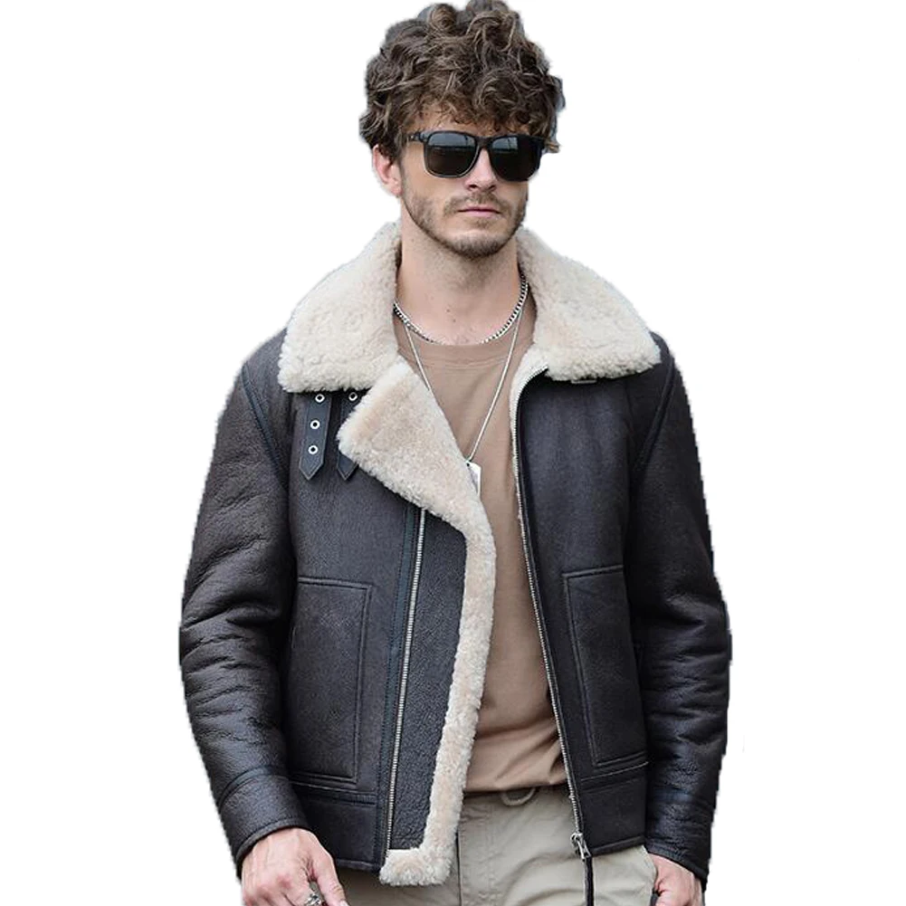 

Denny&Dora Mens Brown Shearling Jacket Sheepskin Flight Jacket B3 Bomber Jacket Men Shearling