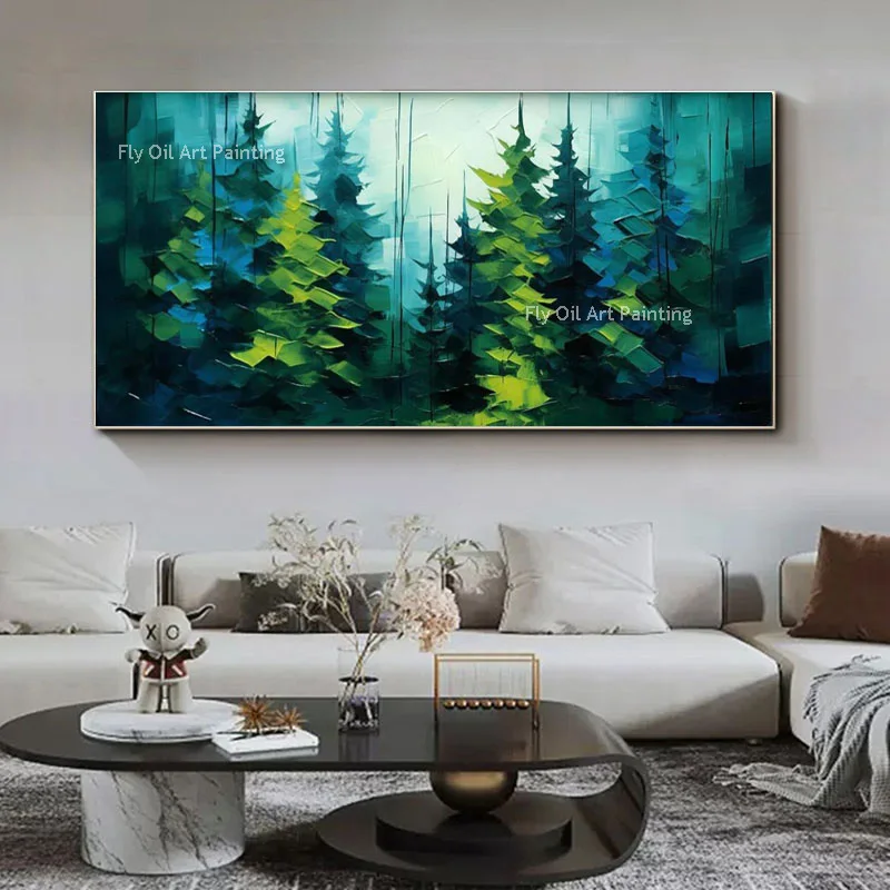 Horizontal Evergreen Tree Oil Painting Vibrant Forest Blocks Original Canvas Wall Art Handmade Modern Textured Artwork