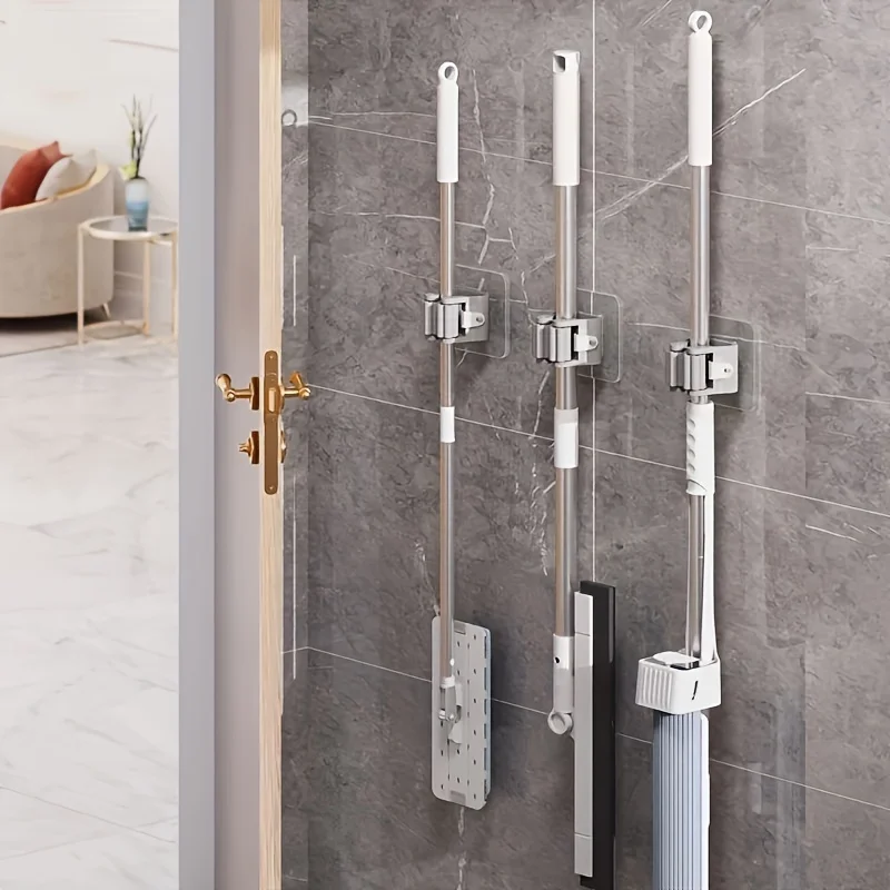 4pcs Easy-Install Wall-Mounted Mop & Broom Holder - Strong Adhesive, No-Drill Storage Rack for Home Organization