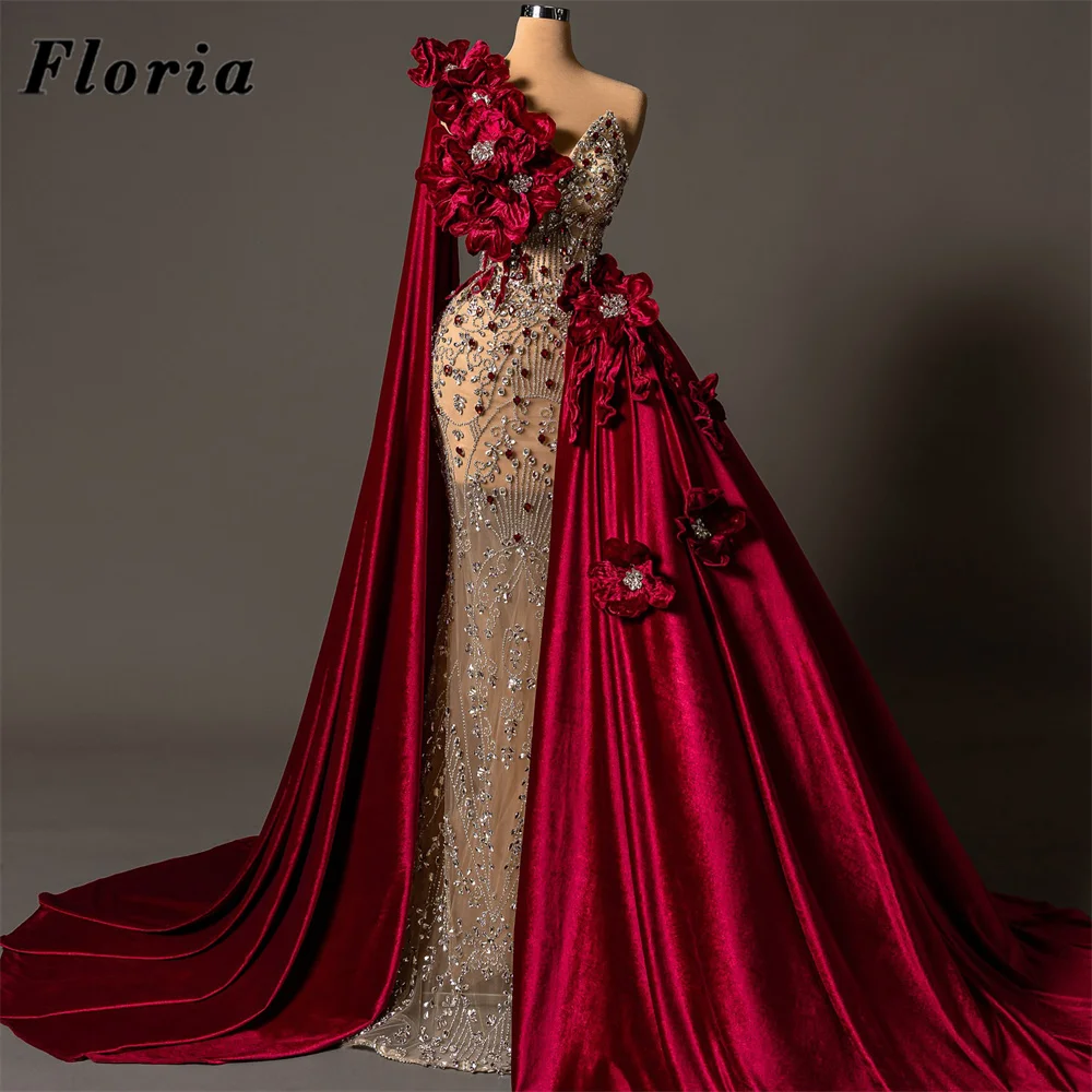 

2026 Red Cape Long Sleeves Evening Dresses Formal Slit Train Beading Flowers Prom Dress Customized Wedding Party Gowns Vestidos