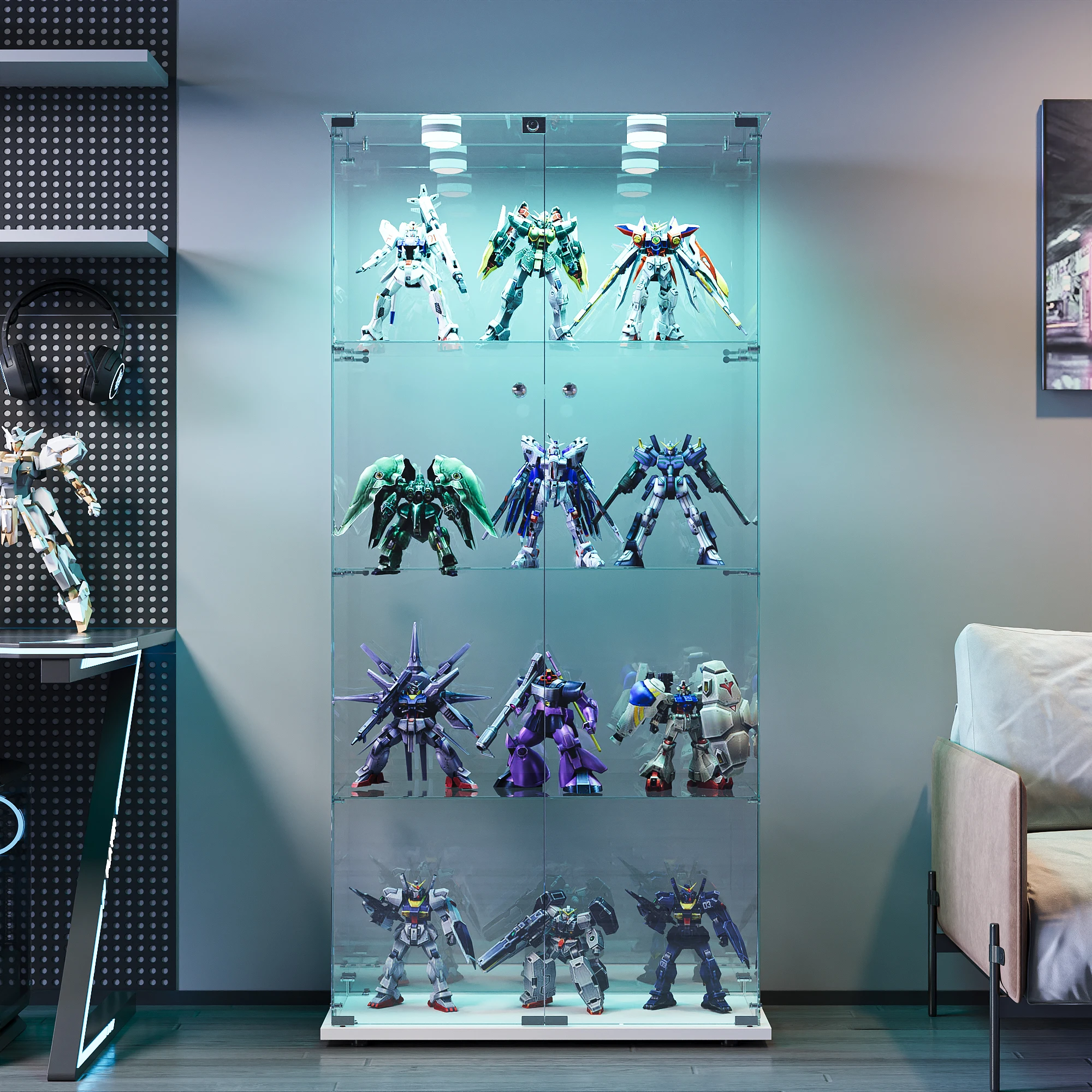 Custodia in vetro con LED e armadietto con serratura per Collezione con 2 ante e 4 ripiani trasparenti Mobile in vetro