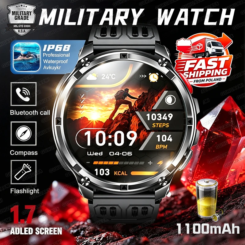 2026 Nouvelle montre intelligente à grande batterie 1100mAh hommes, écran AMOLED, appel Bluetooth, IP68 imperméable, lampe de poche, boussole, montre intelligente de sport militaire en plein air