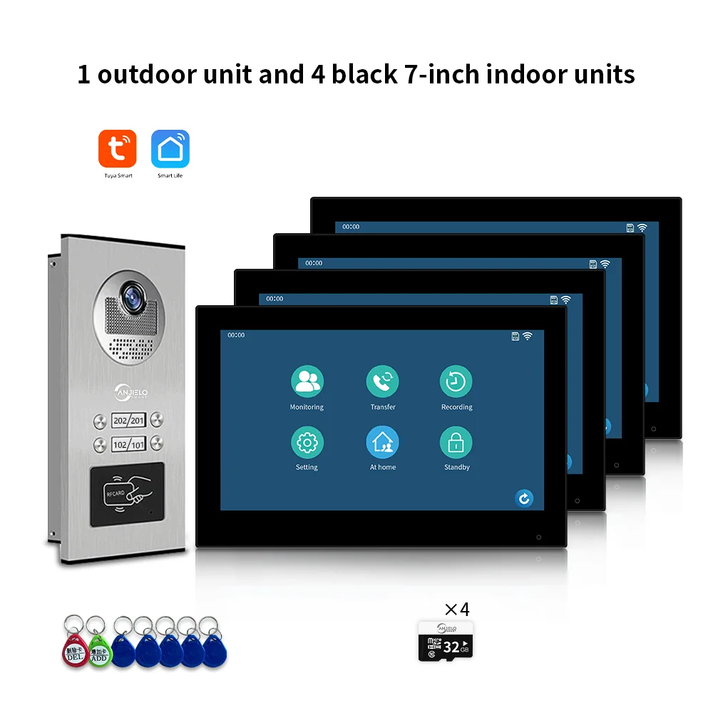 ANJIELO 7-inch 2/3/4/6/8/10/12-unit multi-unit deurbel video-intercomsysteem 1080P display Tuya slimme videodeurbel