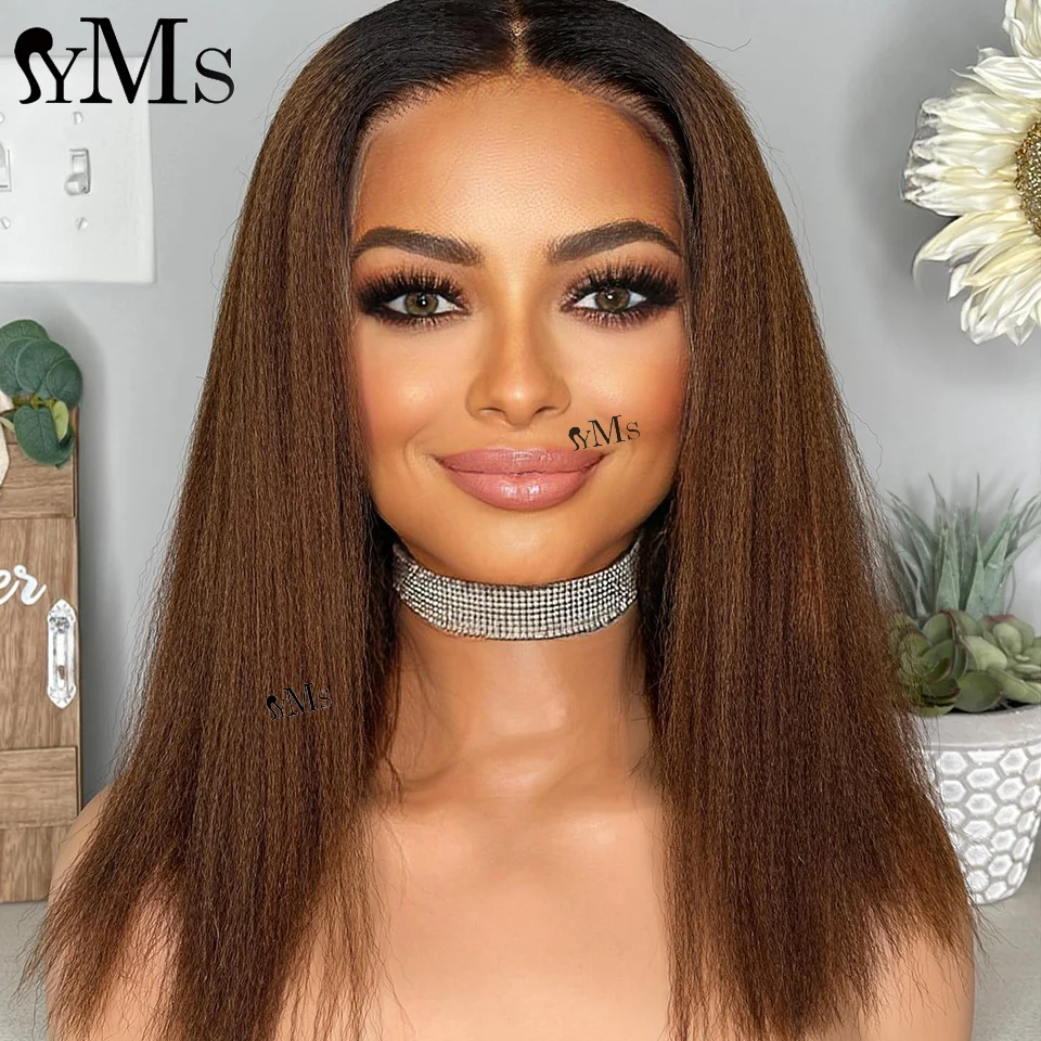 Short Ombre Brown Light Yaki 13x4 Lace Front Human Hair Bob Wigs YMS Brazilian Remy Italian Yaki Straight HD Lace Frontal Wig