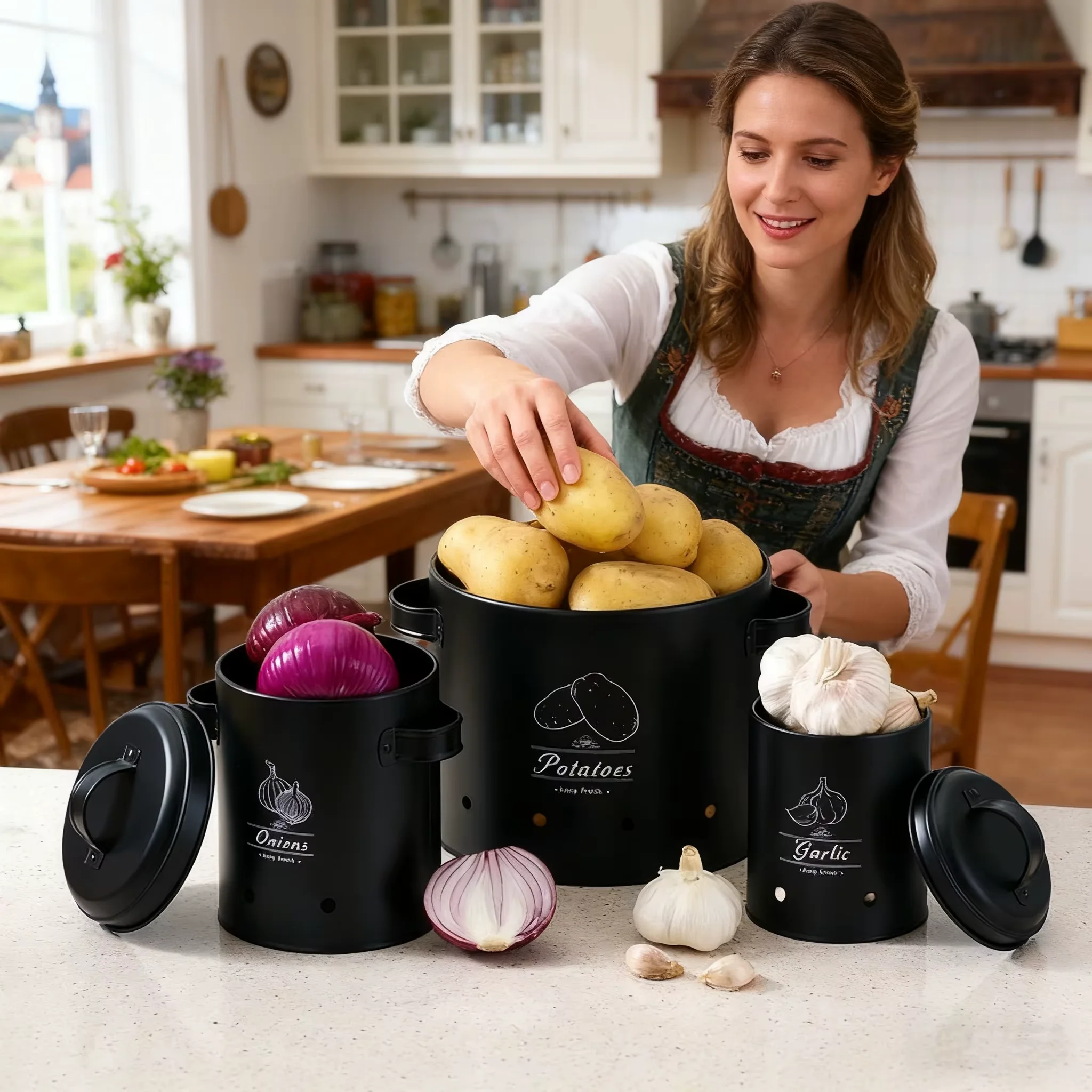 Set di contenitori per verdure SAEIV da 3 pezzi, contenitori per alimenti (contenitore per patate, contenitore per cipolle, contenitore per aglio), organizzazione della cucina