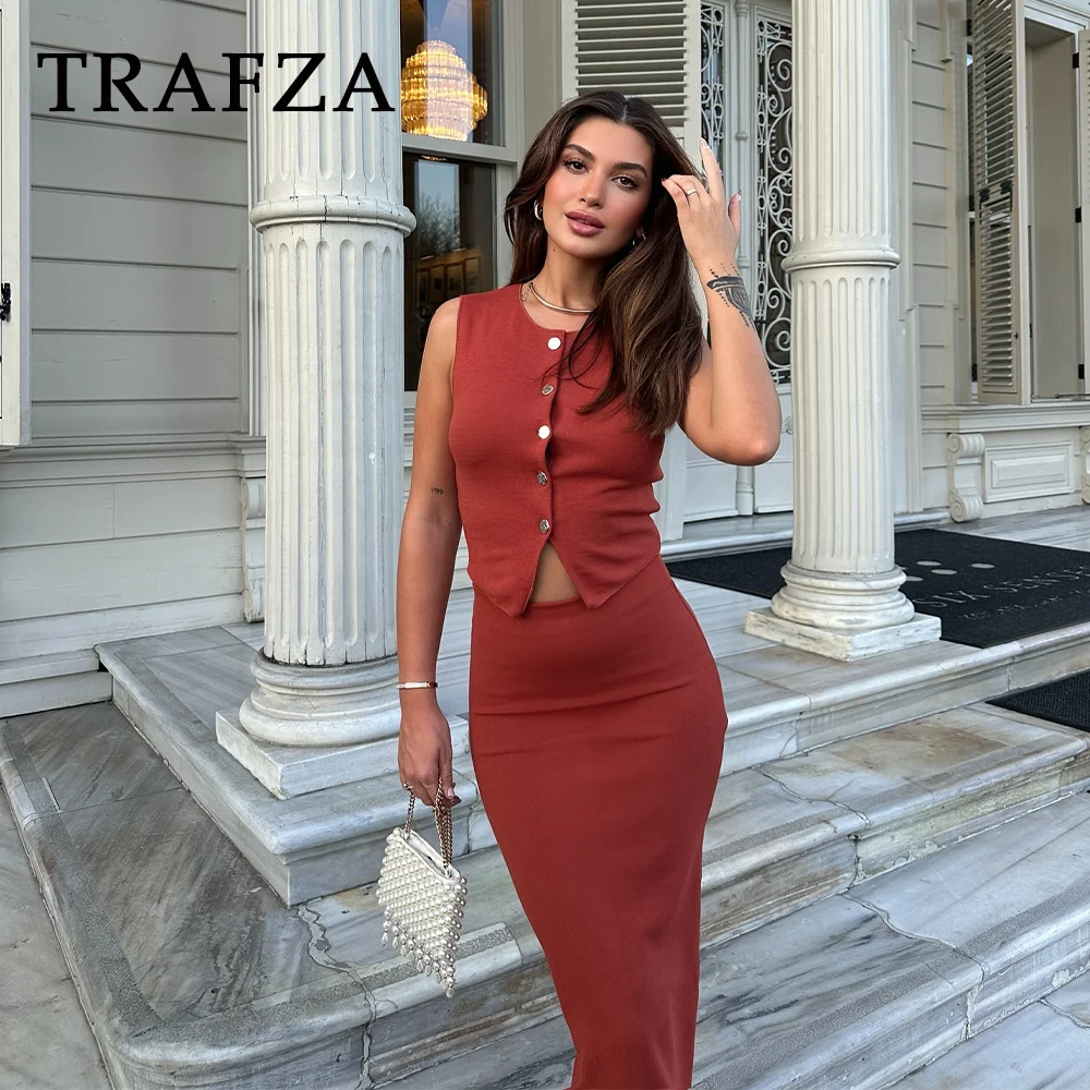 TRAFZA 2024 jesień kobiety dorywczo jednolita dzianina garnitury jednorzędowa kamizelka + płaszcza długa spódnica z rozcięciem Vintage damskie
