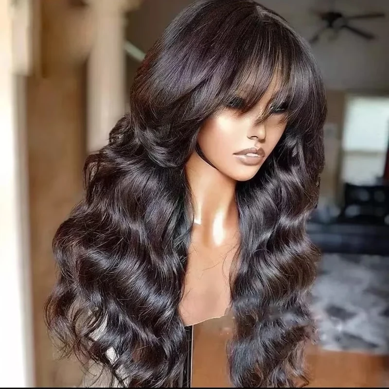 Debut Natural Black Body Wave Human Hair Wig With Bangs For Women Long Remy Brazilian Human Hair Wigs Full Machine Made Wigs