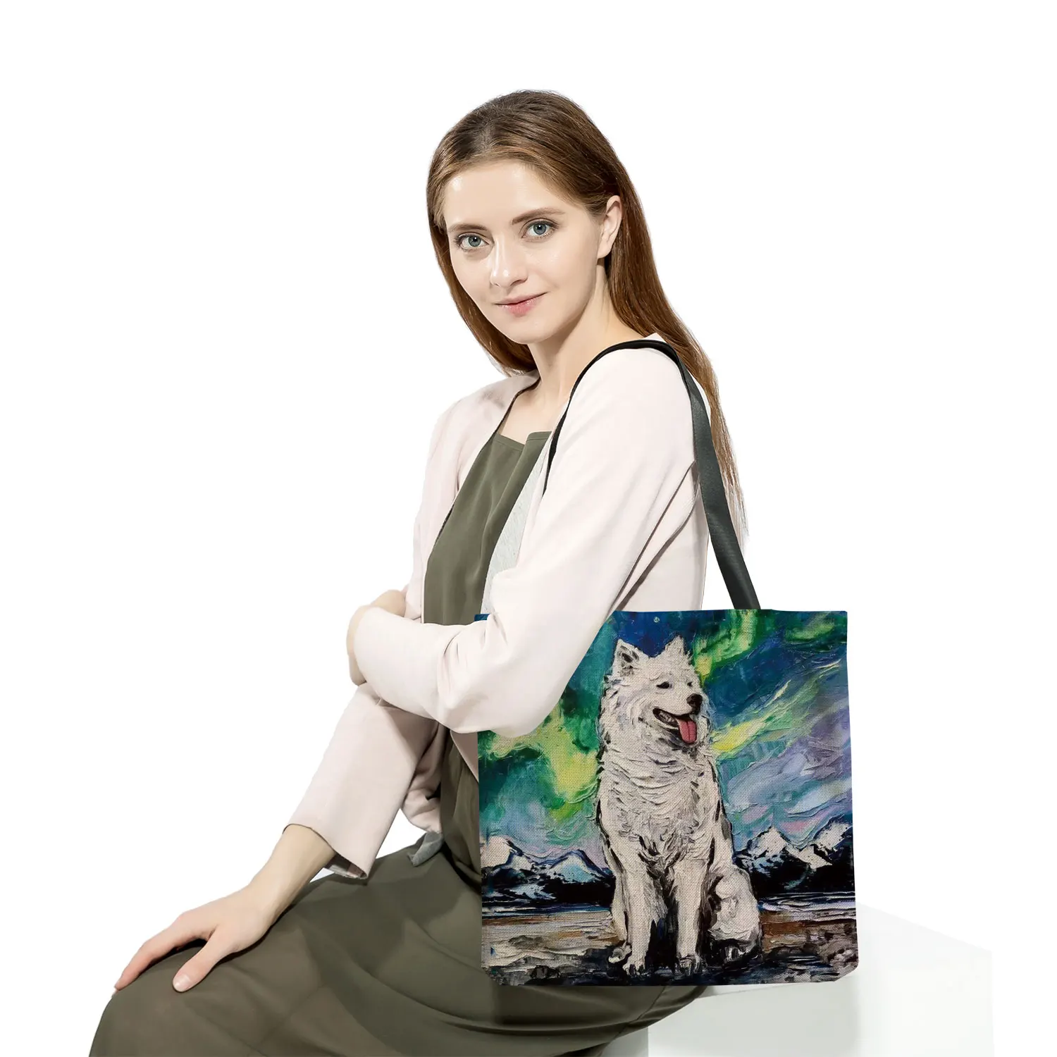 Pintura a óleo do cão ao ar livre moda tote saco praia viagem customizável eco amigável bolsas de alta capacidade portátil saco de compras