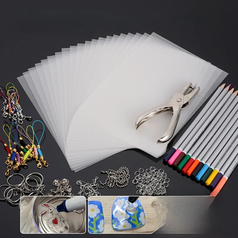 145/198Pcs Zestaw termokurczliwych folii termokurczliwych Zestaw arkuszy papieru Zestaw dziurkaczy Breloki Kolczyki Ołówki Zestaw do majsterkowania Rysowanie Materiały artystyczne — zdjęcie 2