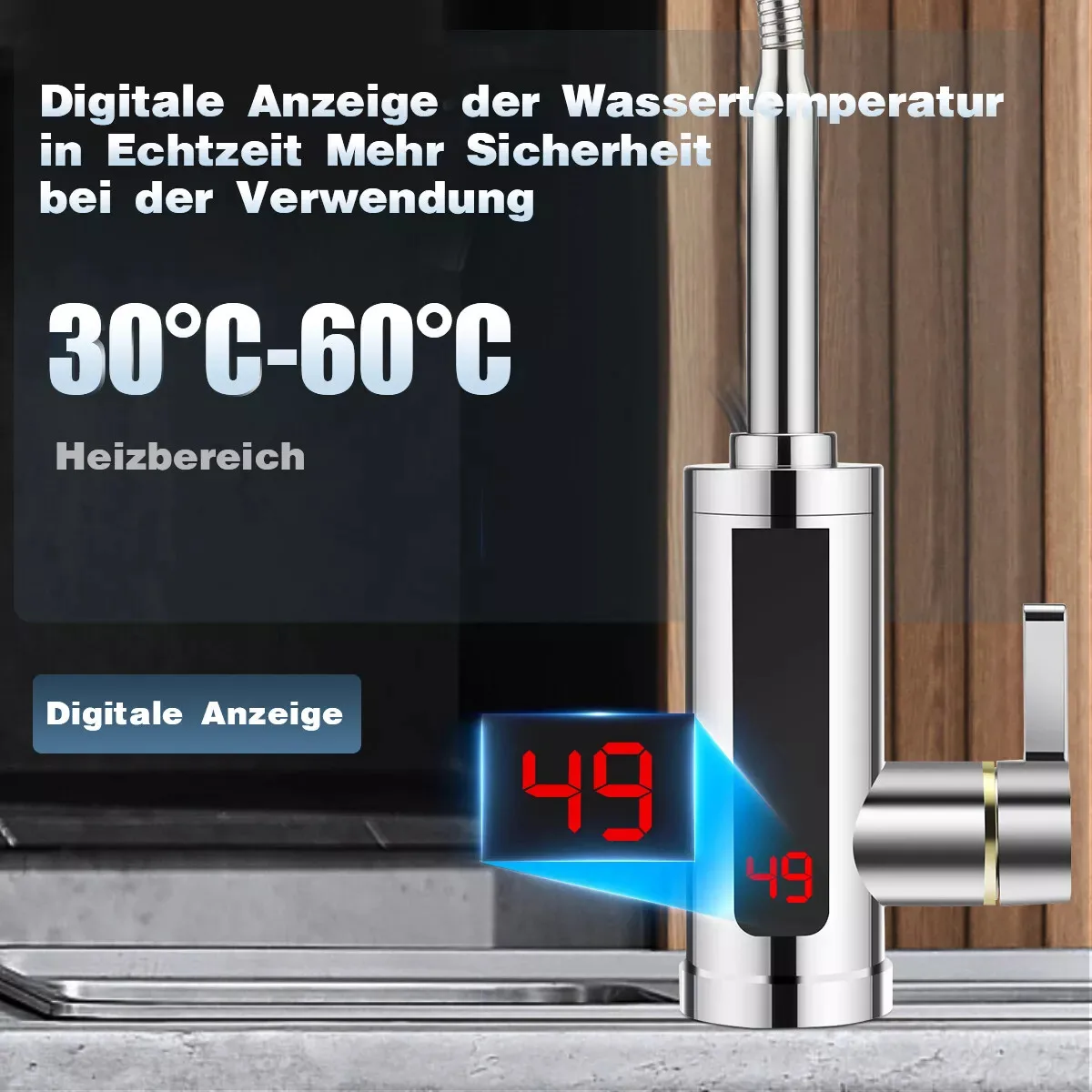 Robinet électrique instantané pour eau chaude, 3000 W, robinet chauffe-eau en acier inoxydable avec affichage LED de la température, 360 °   Bec verseur pivotant et coulissant, mitigeur chauffant à eau sur demande 220V, 30-60 ° C Plage de température, montage vertical