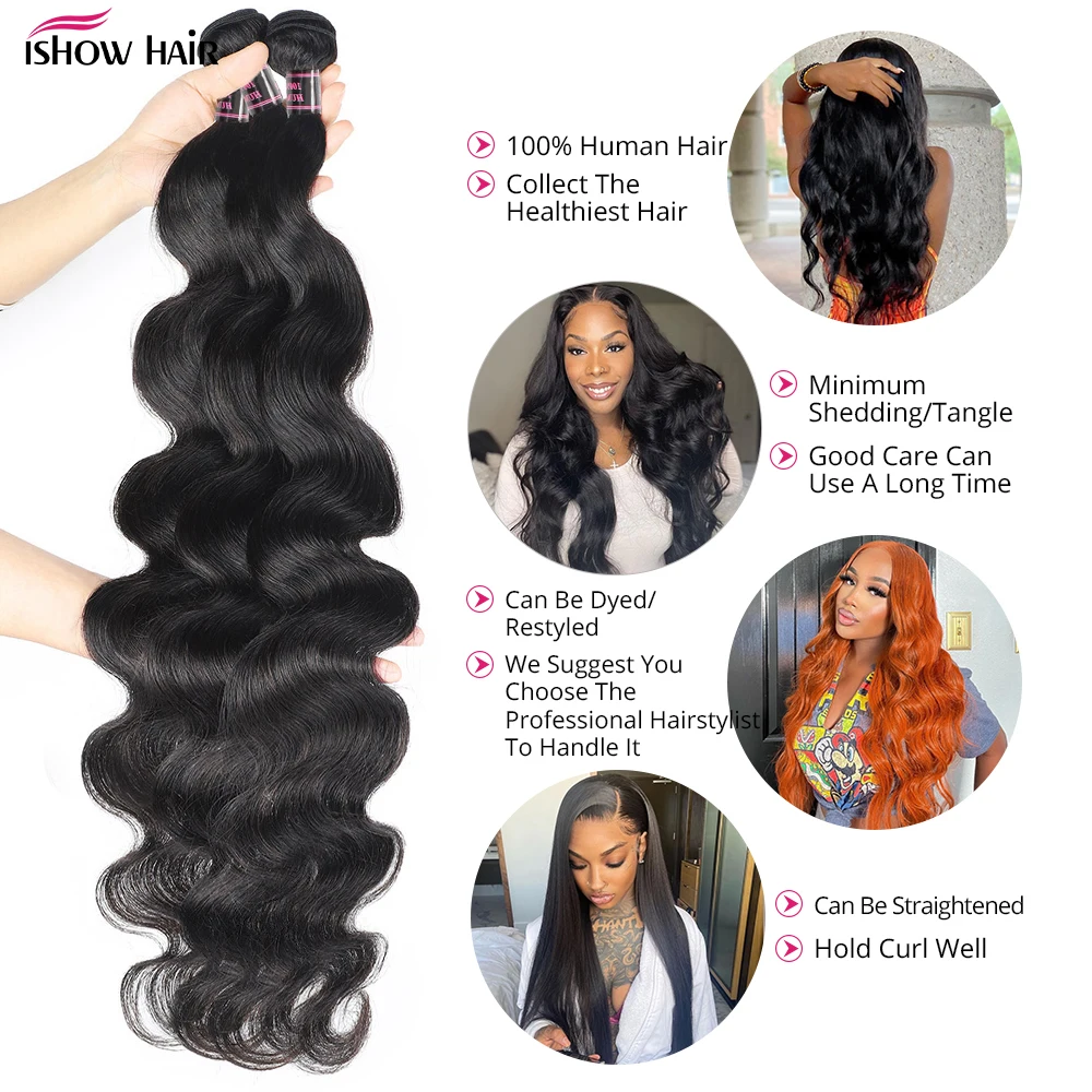 Isshow-Indian Body Wave Pacotes com Fechamento, 100% Cabelo Humano, Fechamento de Renda com Cabelo Do Bebê, Não Remy Hair Weave, 3 Pacotes