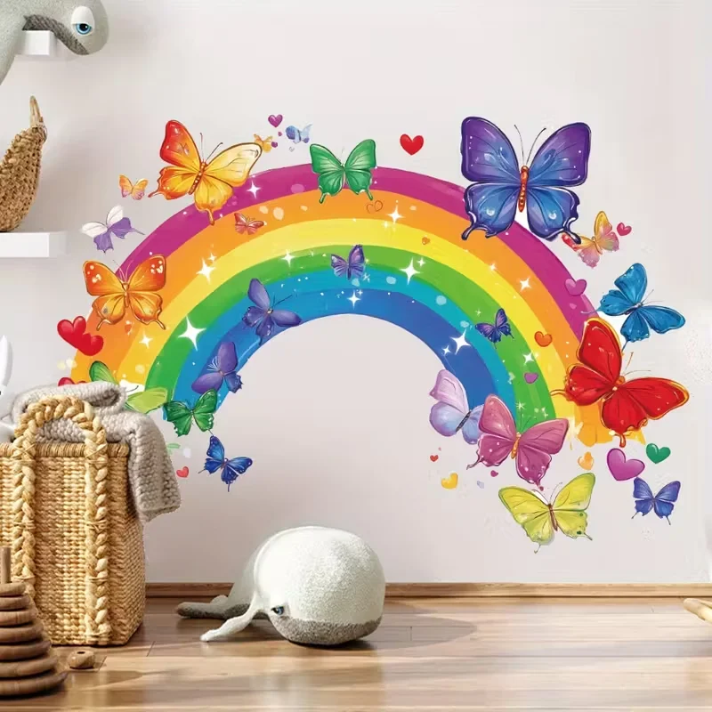 1pc colorful rainbow arch bridge butterfly heart star pattern wall sticker, self-adhesive PVC home decoration sticker, suitable for living room, bedroom, dining room, study, hallway, and wall decoration, easily creating a cozy and fun space, a creative and thoughtful gift for family, friends, and loved ones