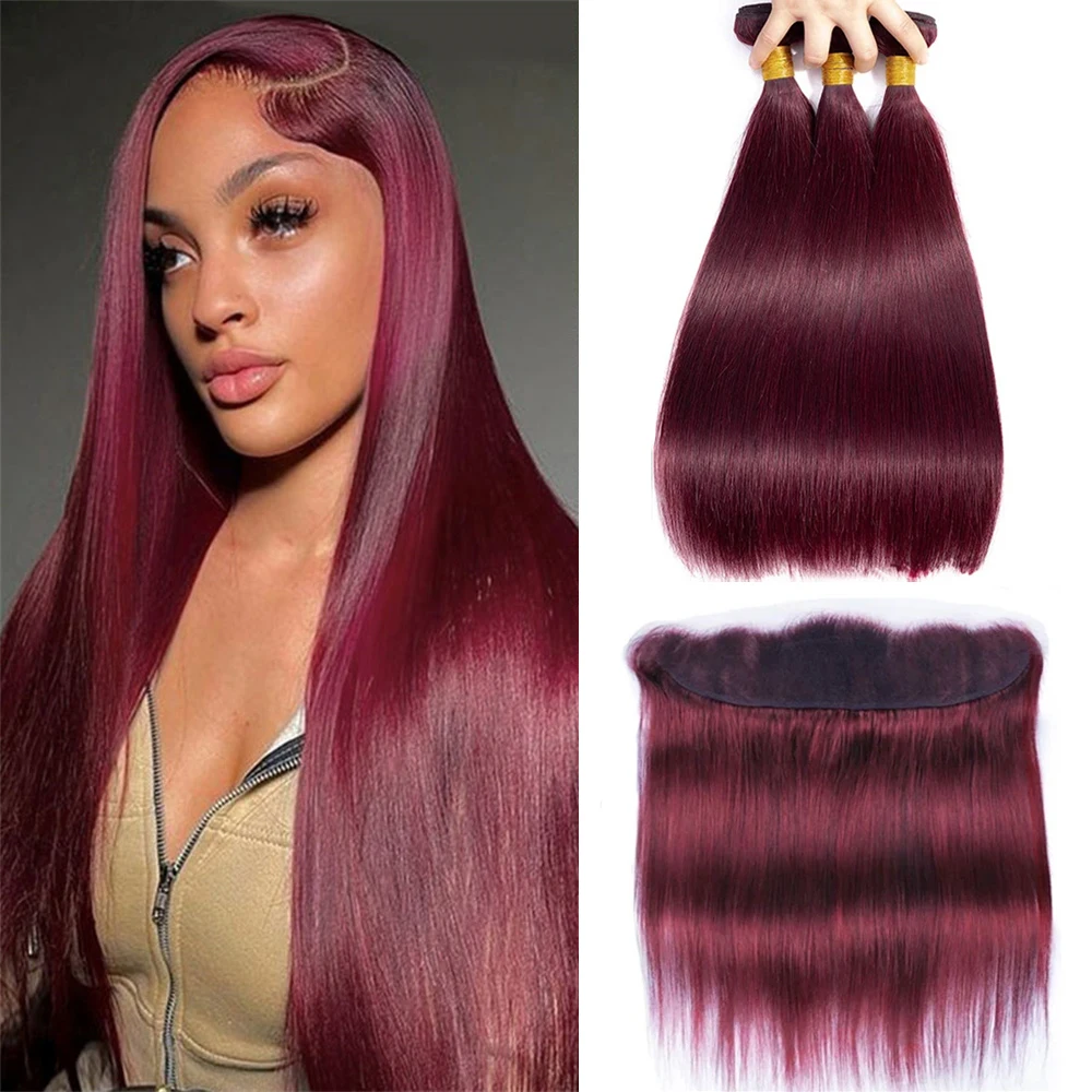 99j Rood Steil Mensenhaar 3 Bundels Met 13X4 Frontale Hd Lace Front Hair Extensions Voor Vrouwen 30Inch Bordeauxrood Weefbundels