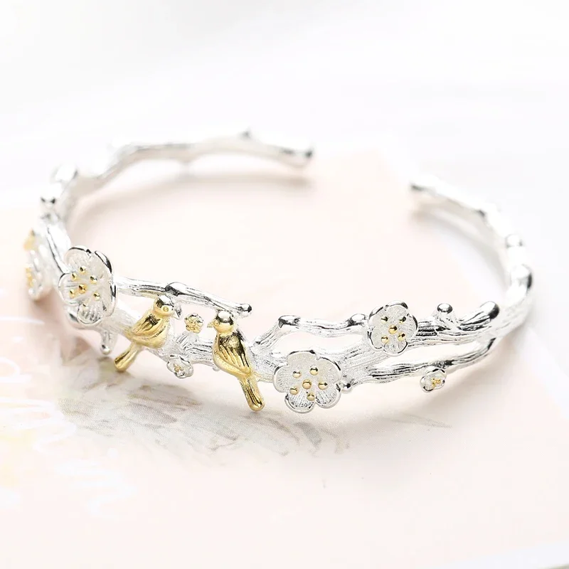 Osobowość nowa sztuka 925 Sterling Silver biżuteria kobieta prosty pasek gałęzie ptaków wysokiej jakości popularne otwarte bransoletki — zdjęcie 2