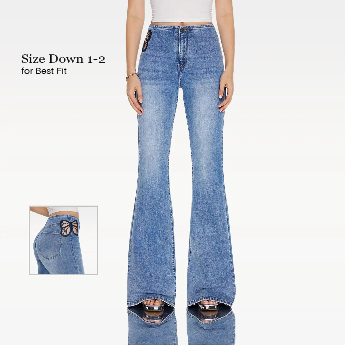 Women High Waist Stretch Flared Jeans with Butterfly Lace Embroidery Stylish-SH25F04