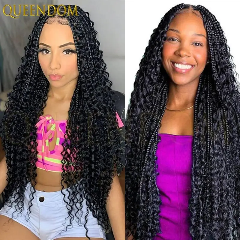 

Boho Box Braided Curly Synthetic Wig Full Lace Frontal Goddess Locs for Black Women Bohemian Braid Hair Wig