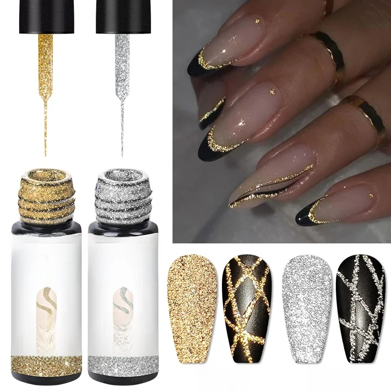 2/4/6 stücke Reflektierende Glitter Liner Gel Nagellack Set Pull Linie Graffiti Malerei Streifen DIY Französisch Nägel Design malerei Gel