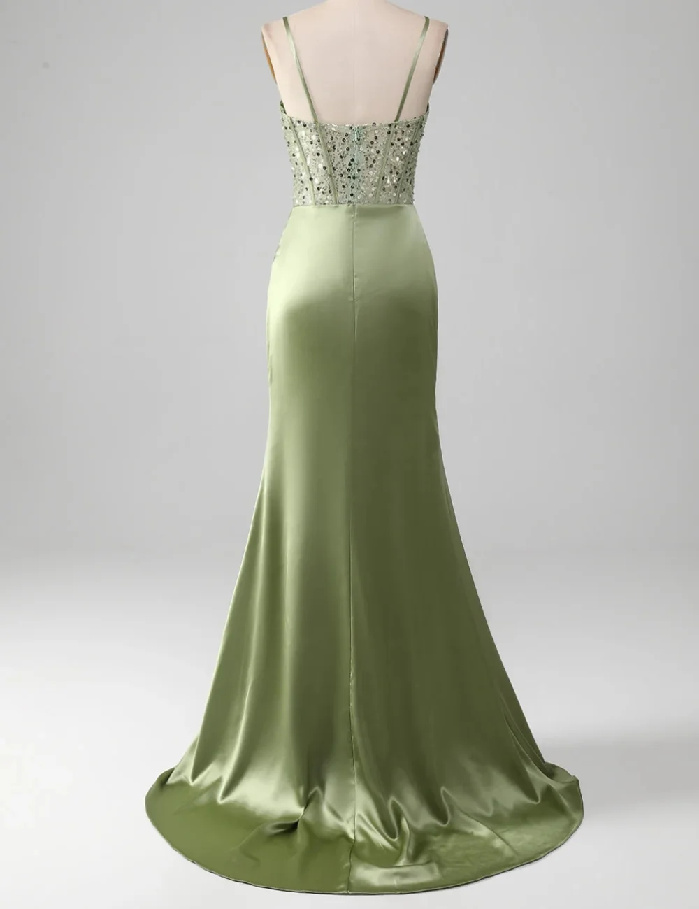 Classy Long Green Spaghetti Straps Beaded Satin Prom Dresses Sleeveless Mermaid Sweep Train Vestido Festa