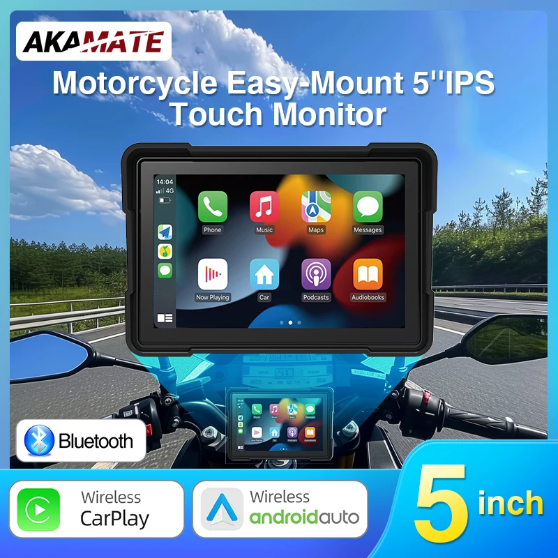 

5inch Motorcycle Monitor CarPlay Android Auto IPS Touch Screen Waterproof IPX7 AUX Bluetooth Support SD Card Universal