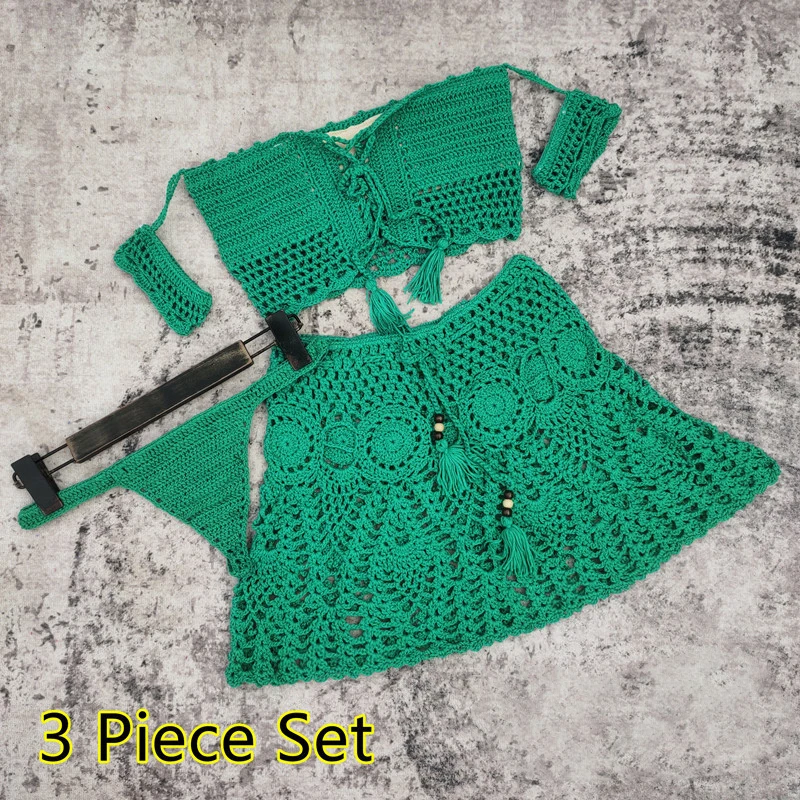 2PCS/3PCS Women's Knit Micro Bikini Set Sexy Off Shoulder Lace Up Crop Top and Shorts Skirt Bottom Beach Crochet Thong Swimwear