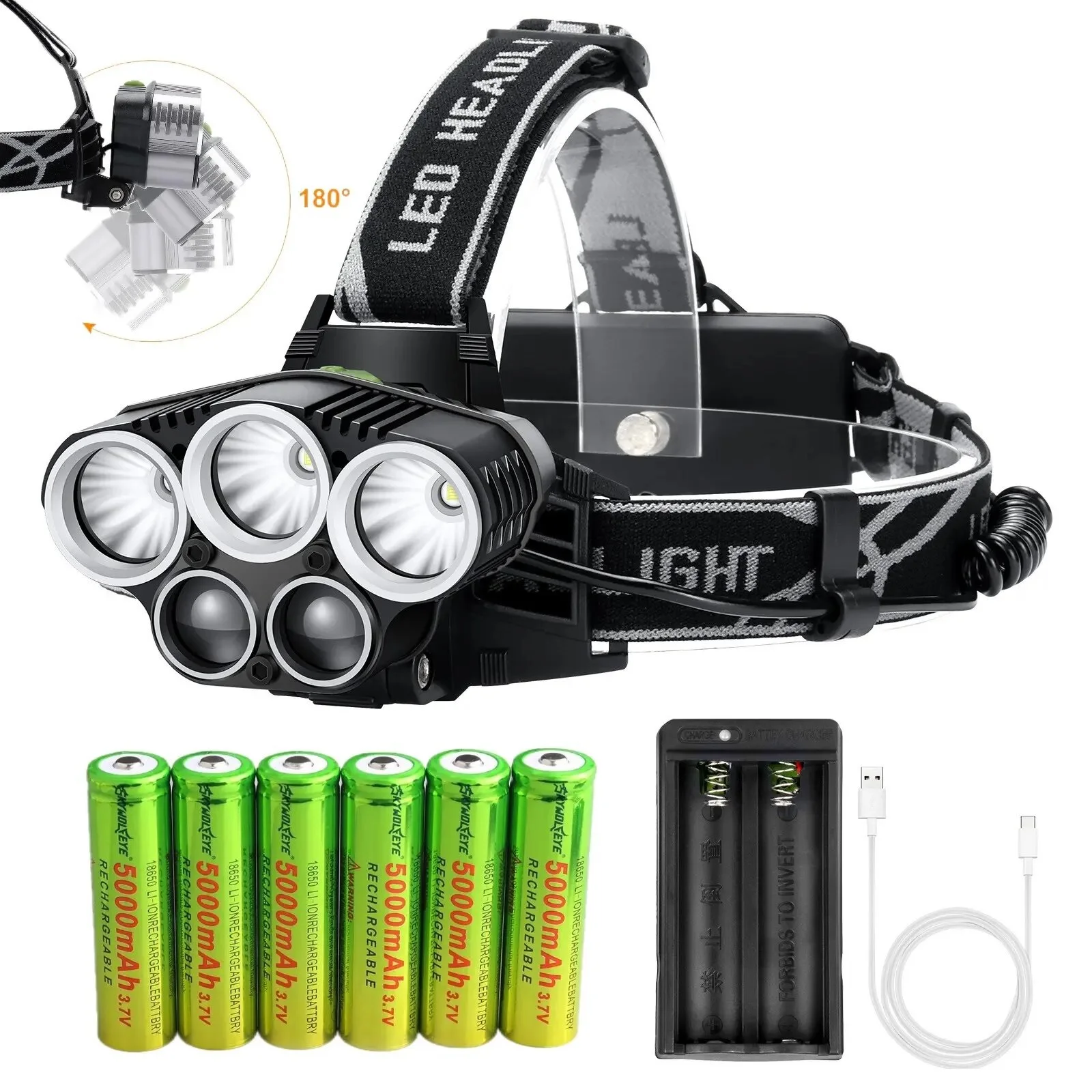 Skywolfeye High Lumens LED Headlamp Rechargeable USB 5 LED Headlight Working Light with Battery&Charger for Climbing Camping