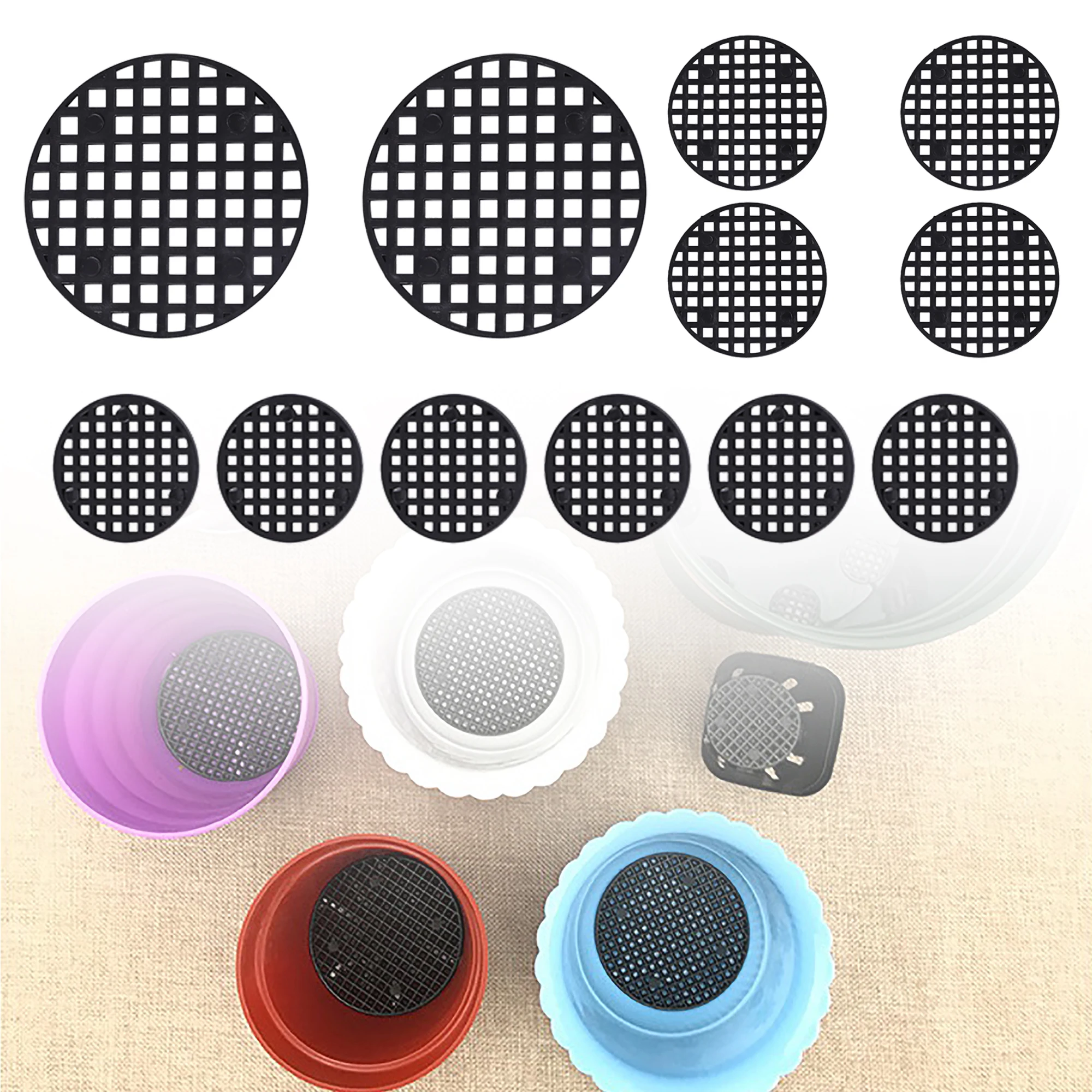 50pcs Plastic Flower Pot Hole Mesh Mat Round Bonsai Pot Bottom Mesh Mat 2.5/4.5/7.5cm Flower Pot Bottom Round Plastic Breathable