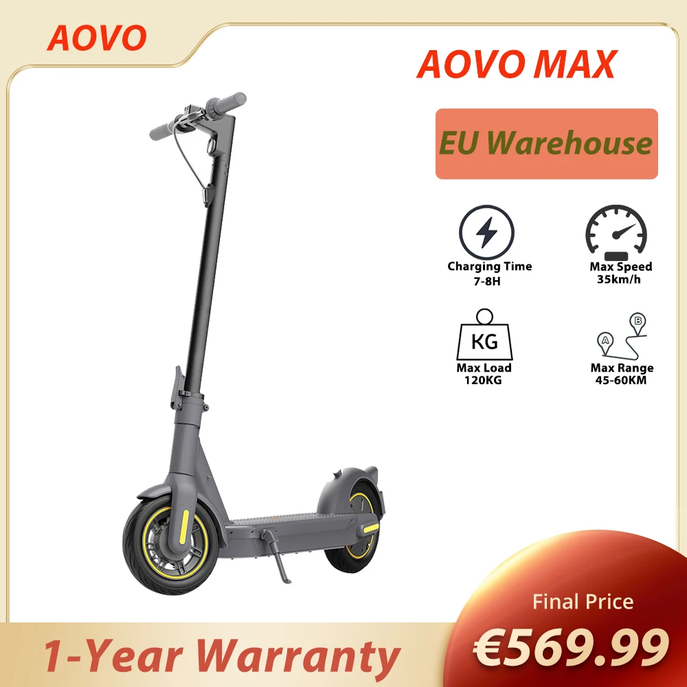 AOVO Max Electric Scooter 10'' Pneumatic Tire 350W Rated Motor 15.6Ah Battery for 45-60km Range 35km/h Max Speed