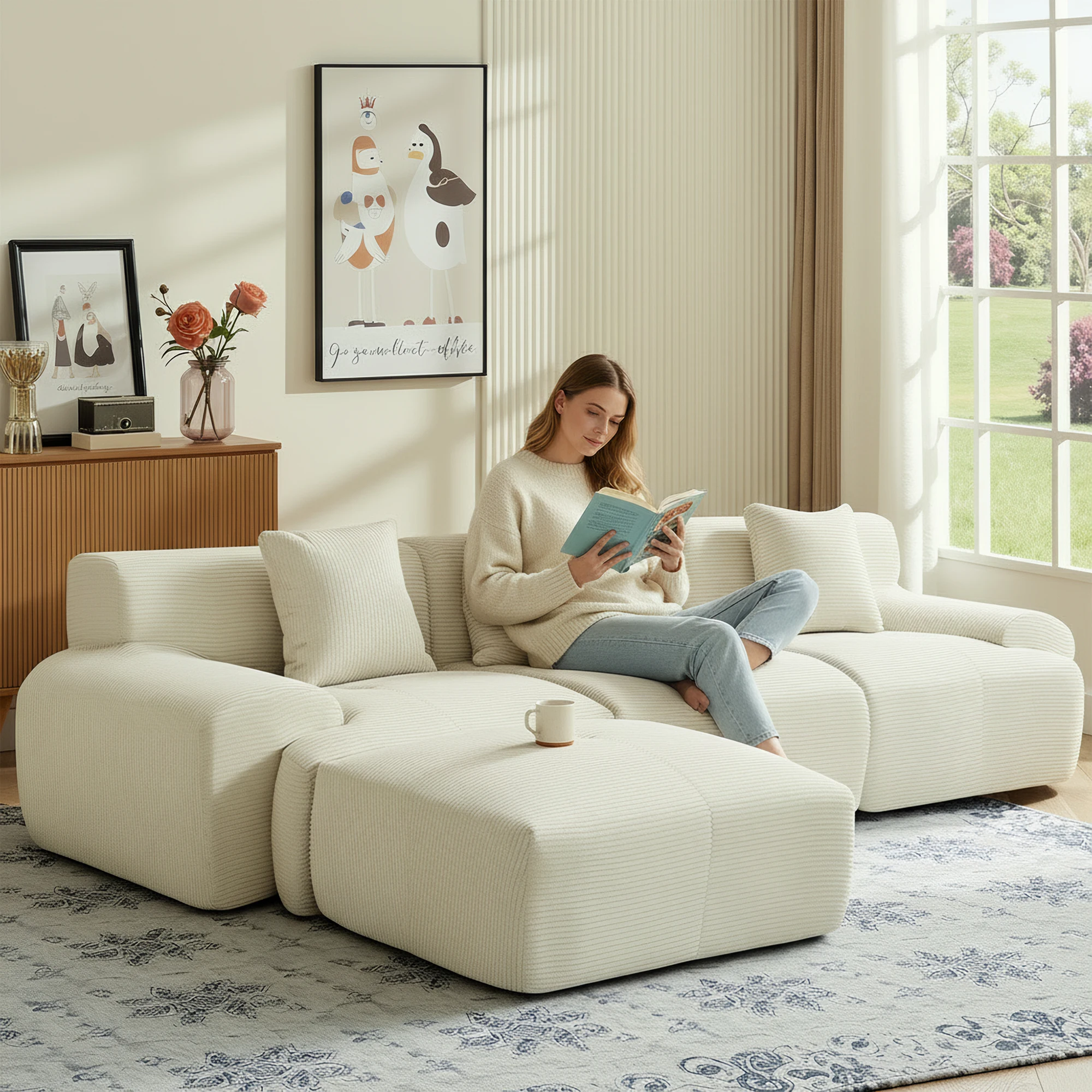 108''Corduroy Modular Sectional Sofa, Free Combination L‑Shaped Couch with Chaise Ottoman, Large Comfy Sofa for Apartment Home Furniture