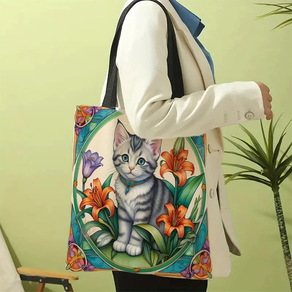 Torba z grubej bawełny Cat Flowers Torba plażowa wielokrotnego użytku na ramię dla kobiet, trwała torba na co dzień — zdjęcie 2