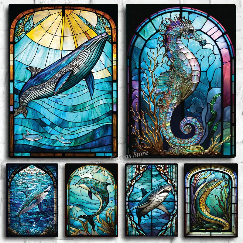 Abstract Sealife Stained Glass Pattern Art Poster Prints Canvas Painting Seahorse Manta Ray Whale Shark Dolphin Home Decor