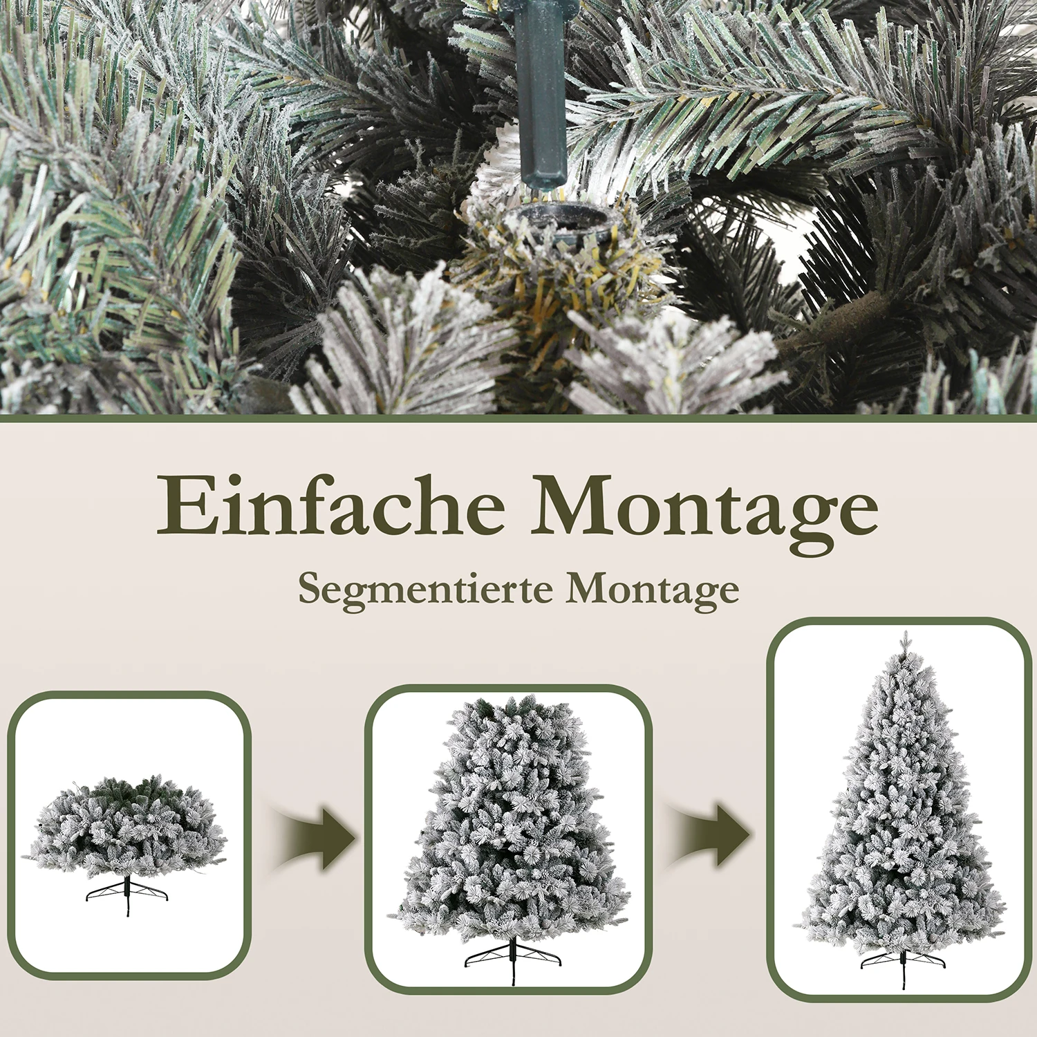 210 cm großer weißer Schnee-Kunstkerbaum mit 350 warmweißen LEDs, 1348 Spitzen, PVC + PE, Metallständer, faltbarer, einfach zu montierender Baum – Detail 7