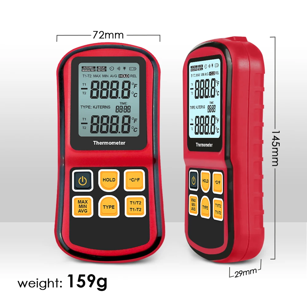 Digital Dual Channel K J T E R S N Type Thermocouple Thermometer Meter Selectable Unit for Lab Food Processing Metallurgy HVAC