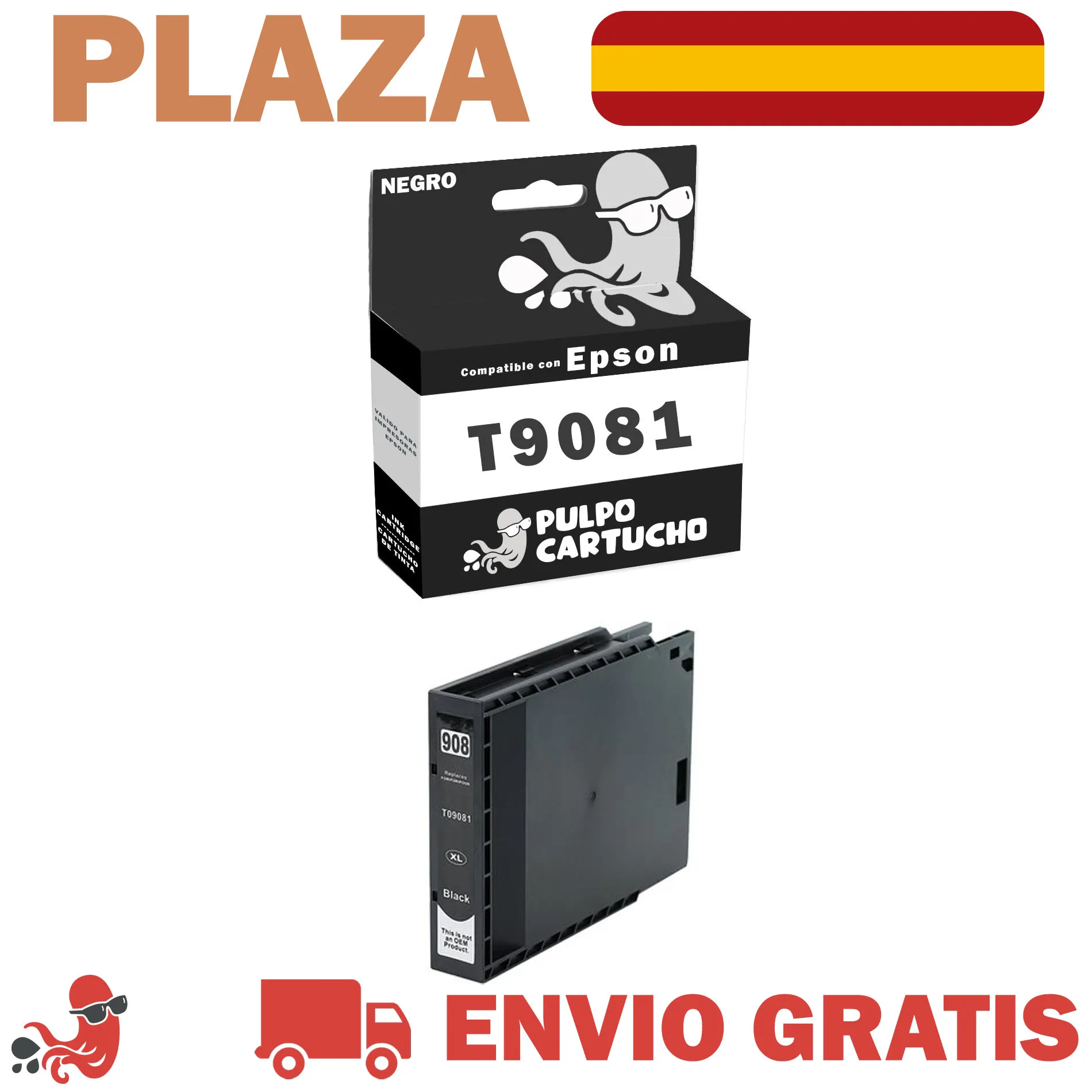 Cartucho de Tinta Genérico T9081 / T9071 Compatible con Epson T9081 / T9071 Negro Tinta Pigmentada - Ref. C13T908140 - Non Oem - Cartucho Impresoras Epson WorkForce Pro WF-6090, WF-6590 - Consumible Impresora