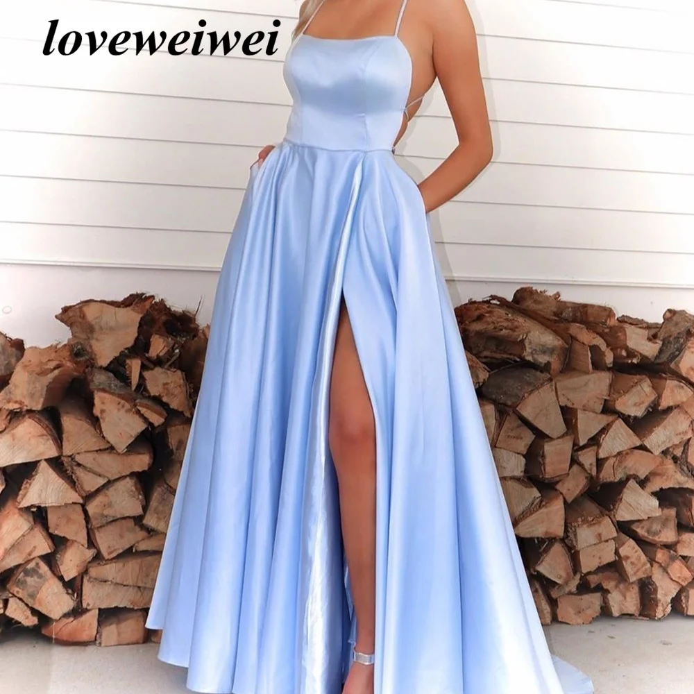 

A Line Blue Evening Dresses Scoop Prom Dresses High Split Celebrity Dresses Stain Special Occasion Dresses vestidos de noche