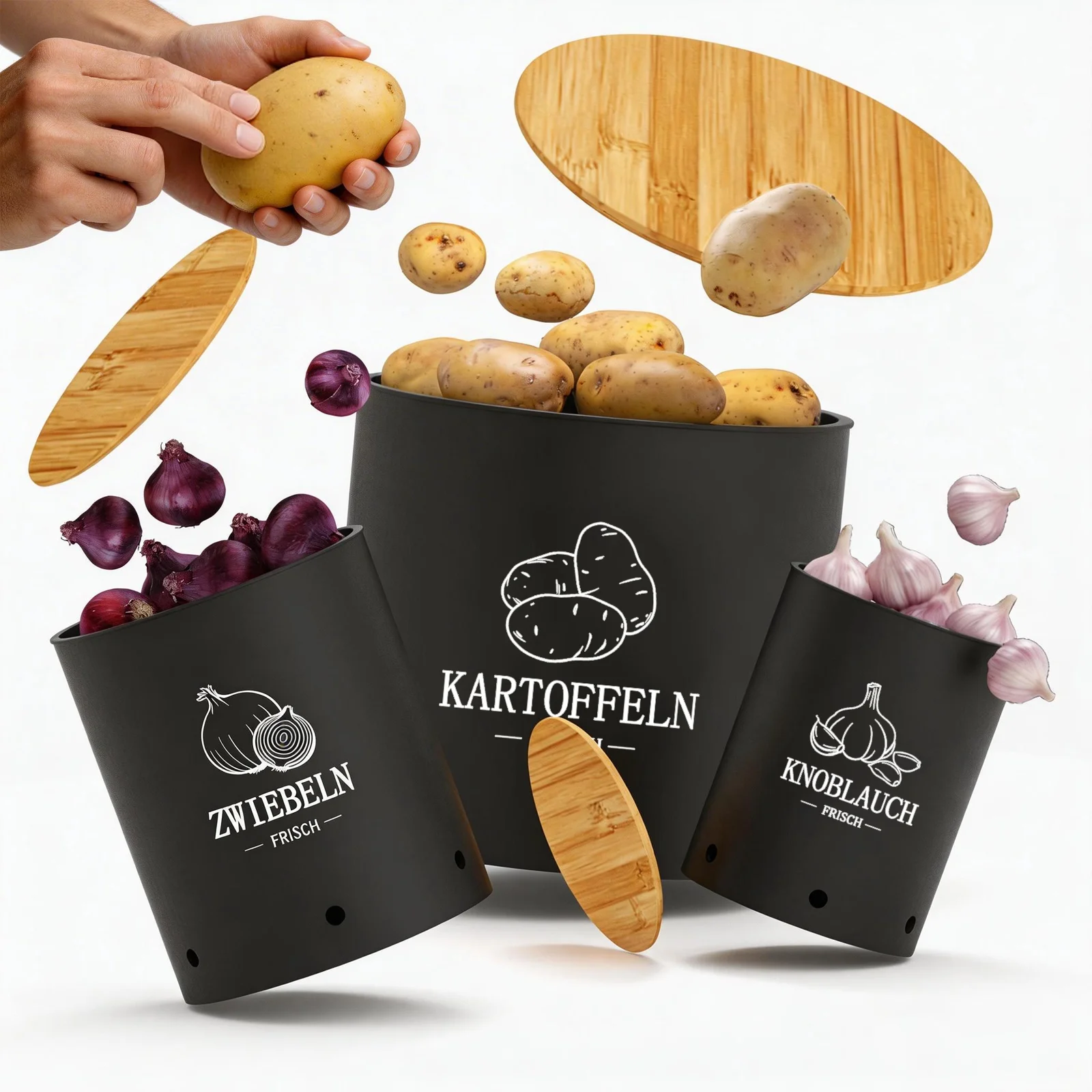 Caja de Almacenamiento para Patatas, Juego de 3/4 Recipientes Grandes de Plástico para Guardar Patatas, Cebollas y Ajos, Caja de Patatas Apilable