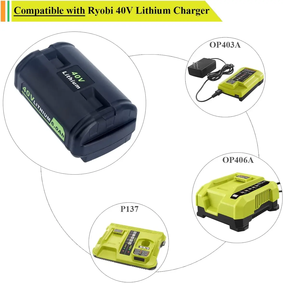 Replacement for Ryobi 40V 6.0Ah Battery, Compatible with Ryobi 40-Volt Collection Cordless Power Tools RY405010 RY40890VNM