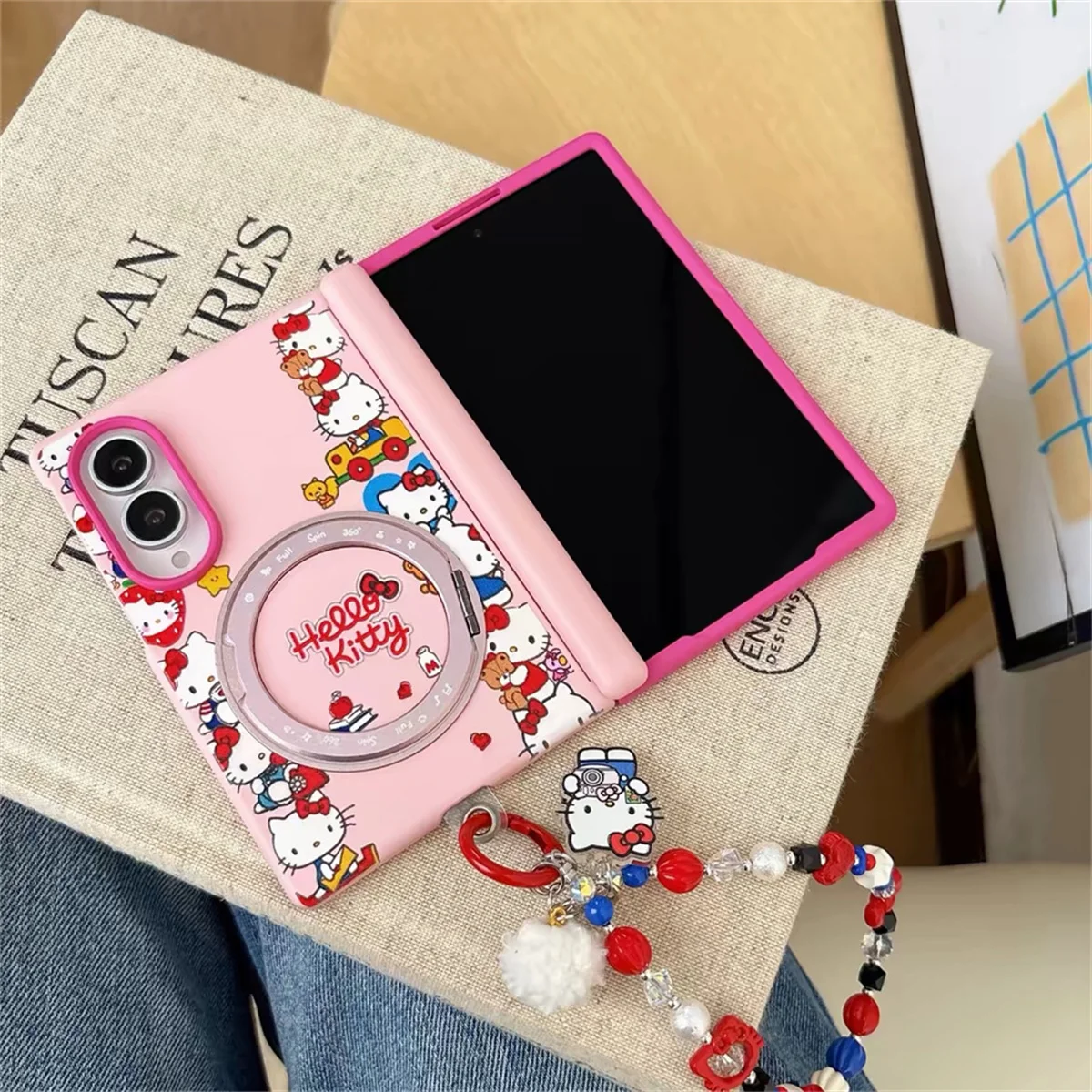 Fashion Cute Hellokitty Cartoon Phone Case for Samsung Galaxy Z Fold 8 fold 8 Cover With Stand Chain Korea Cute Shockproof Cover