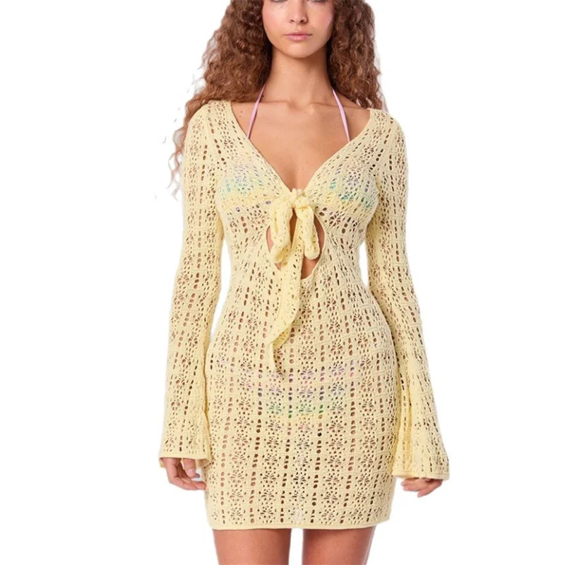Vestido de punto ajustado con cordones y escote en V profundo de manga larga para mujer, Túnica de verano, Bikini de ganchillo, traje de baño para playa