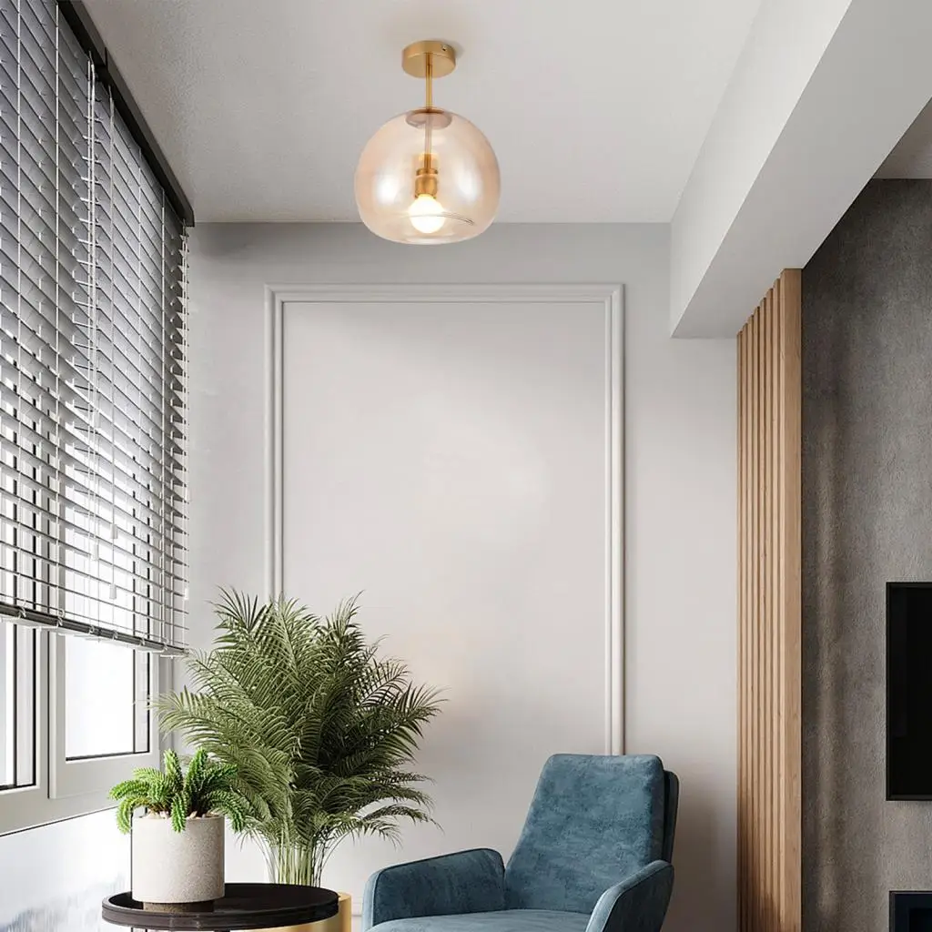 

Nordic Glass Ceiling Light Single Head Amber Smoke Gray Green Glass Shade Bedroom Living Room Dining Room Cafe Bedside Led Lamps
