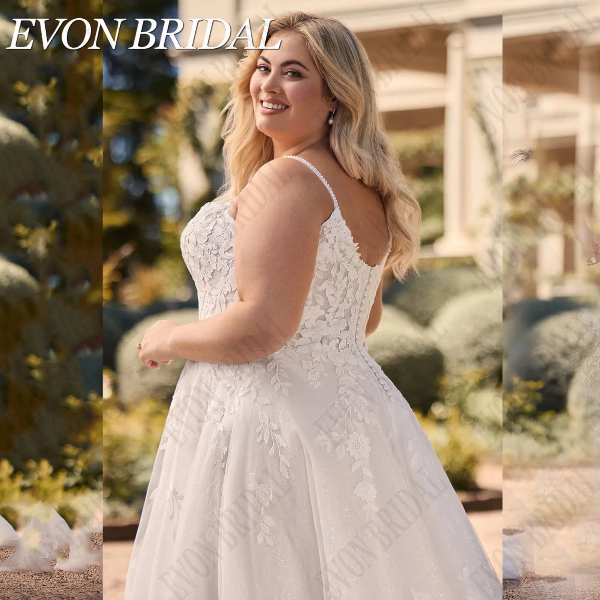 EVON BRIDAL Shiny Tulle Wedding Dress Plus Size Applique Lace A-Line Bride Gowns Women With Button Bridal Dress A-Line Cutsom