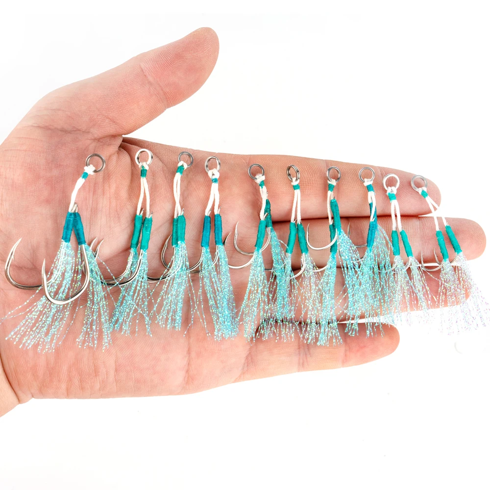 20 Stück scharfe Angelhaken aus Kohlenstoffstahl, Assist-Haken, Doppelhaken, Angelzubehör mit langlebigem Ring für Jig – Detail 6