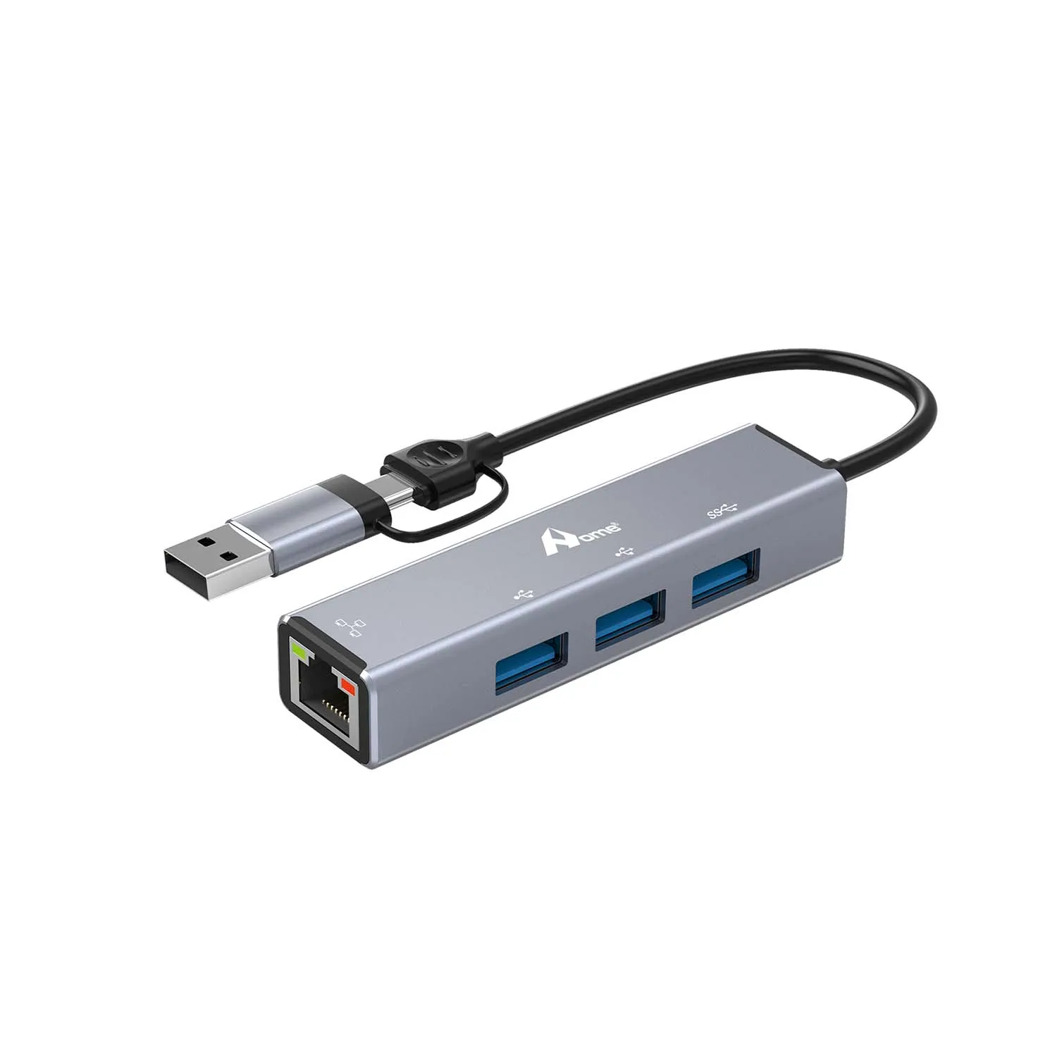 4-in-1 USB Hub USB-C / USB-A met 3 USB 3.0 poorten + RJ45 100Mbps multipoort adapter compatibel met pc, laptop, tablet en mobiel