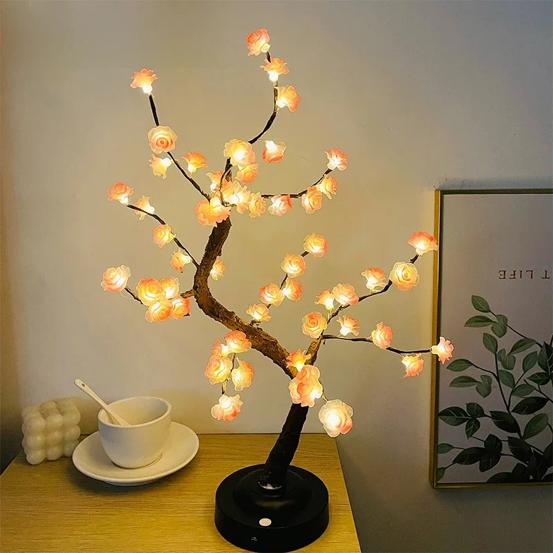 LED Tree Light, Pink Flower Table Lamps, Battery/USB Powered Artificial Flower Bonsai Tree Lamp,for Gifts Room Office Party Deco